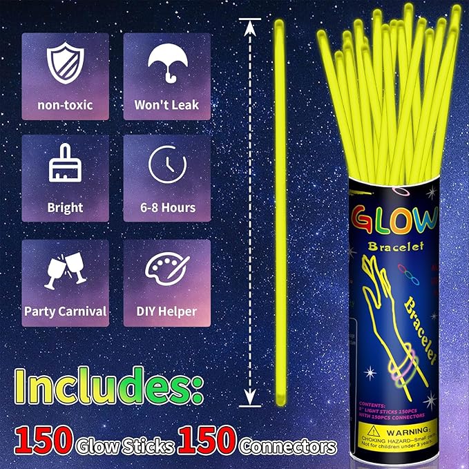 150 Pack 8” Yellow Glow Sticks Bulk with 150 Connectors Neon Glow In The Dark Party favors Supplies
