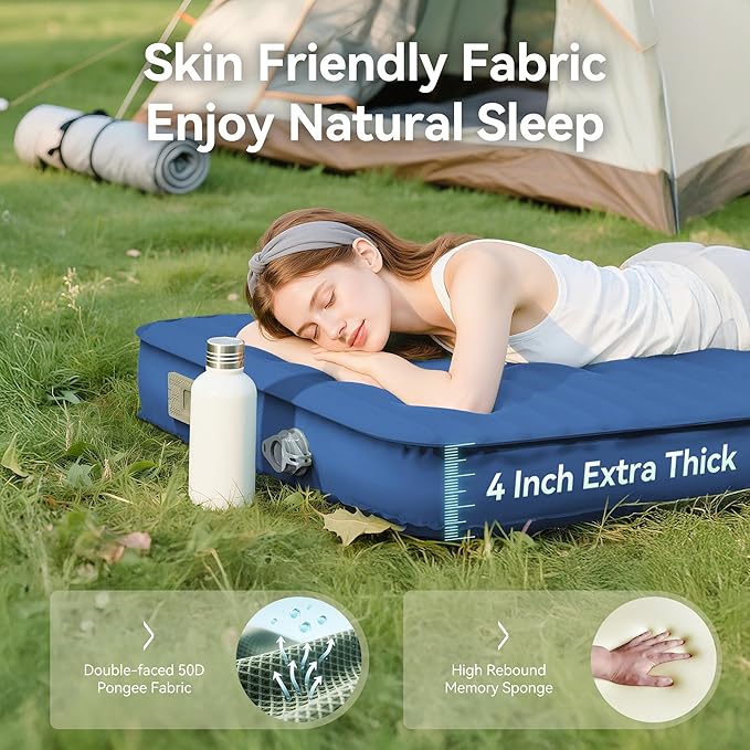 Sleeping Pad for Camping, Self Inflating 4" Ultra-Thick Memory Foam Camping Mat with Built-in