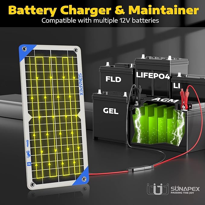 SUNAPEX Solar Battery Charger Maintainer, 10W 12V Portable Waterproof Solar Panel Trickle Charger