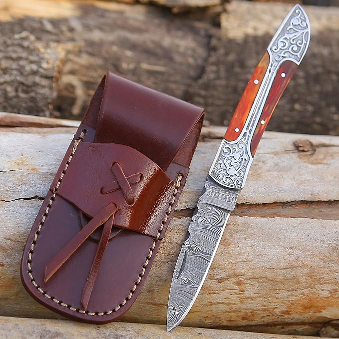 6.5 inch Damascus Pocket Knife with Sheath, Handmade Folding Pocket Knife for Men, Black-Red Wooden