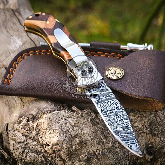 Damascus Pocket Knife for Men Handmade - 6.5 Inches Damascus Folding Knife with Sheath -Ideal for