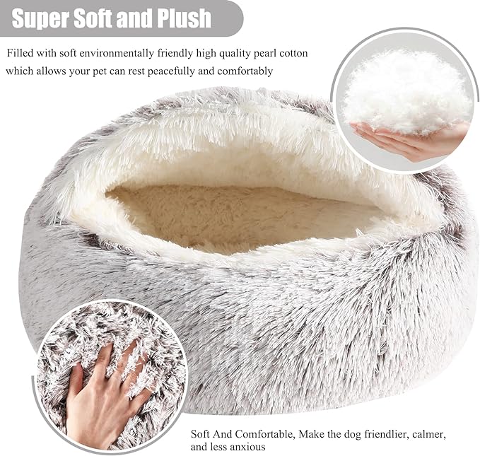 Calming Dog Beds & Cat Cave Bed with Hooded Cover,Removable Washable Round Beds for Small Medium