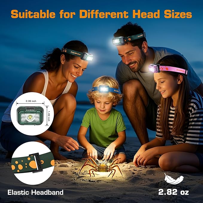 EverBrite Rechargeable Headlamp, 2 Pack Kids Headlamp with White/Red/Green Light and Memory