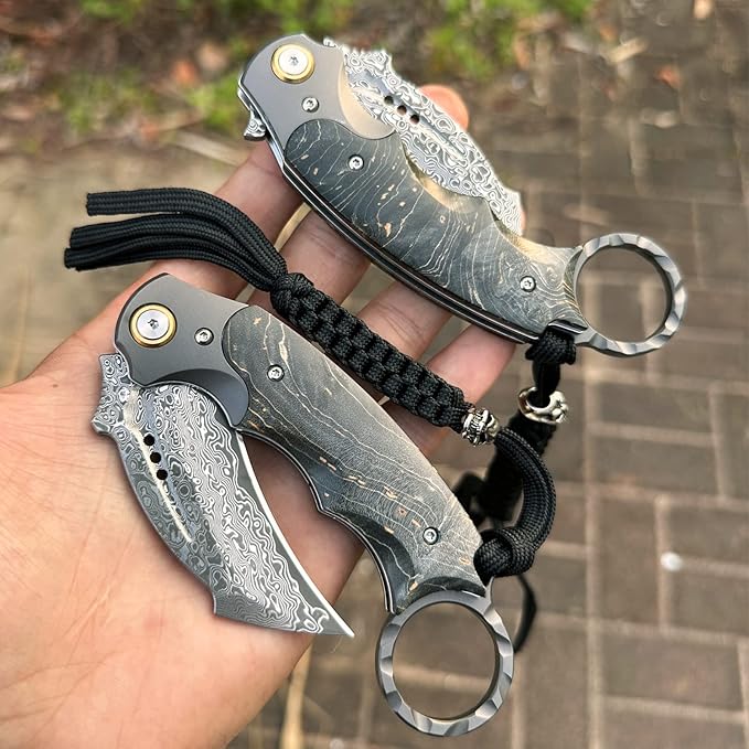Handmade Damascus steel Folding Pocket EDCKnife，with cowhide sheath And pocket clipï¼?.8in blade