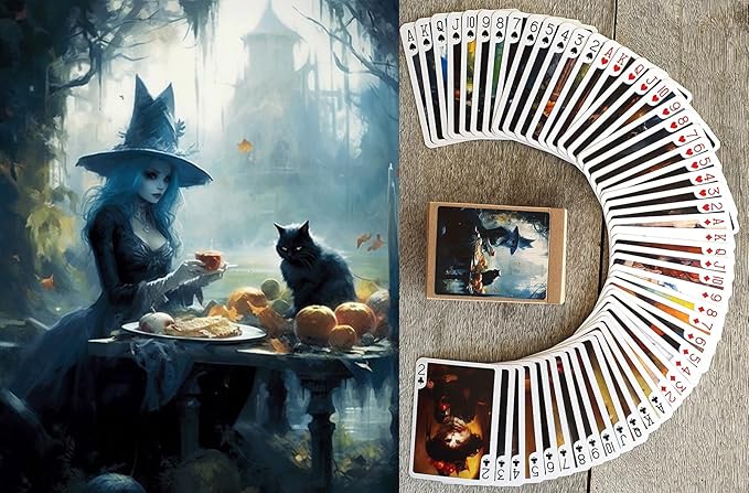 Wicca Witch Playing Cards (Poker Deck 54 Cards All Different) Elegant Witch Ladies with Black Cats