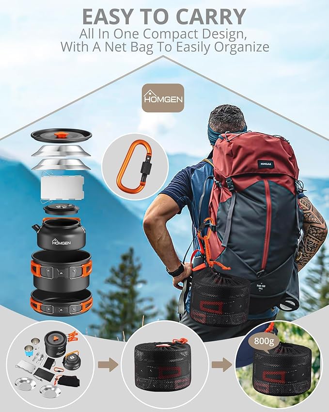 HOMGEN 14-Piece Camping Cooking Set with Stove Windshield & 2 Plates - Lightweight Aluminum Nesting