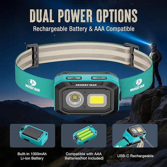 Mossy Oak 600 Lumens LED Headlamp, Dual Power Source, Motion Sensor Head Lamp with Magnetic Base