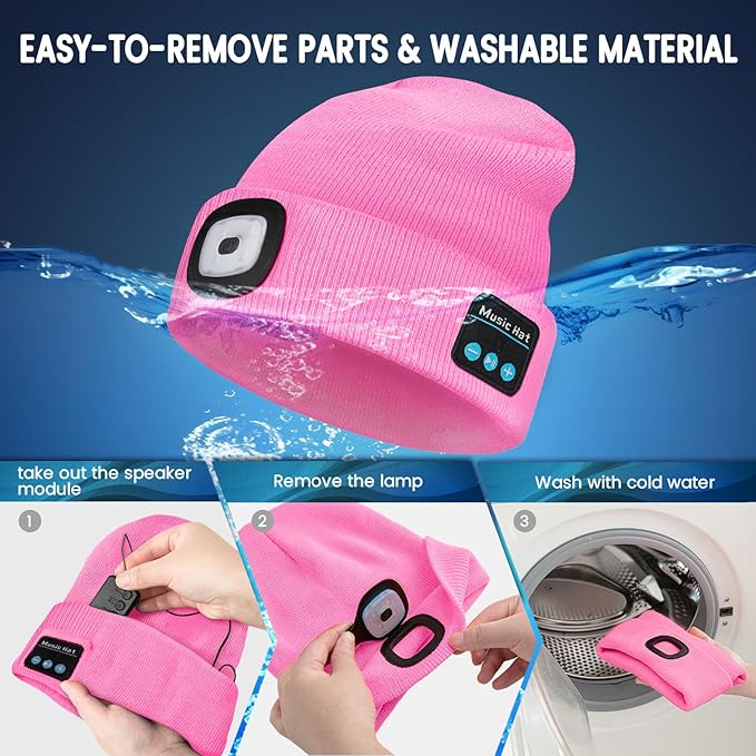 Bluetooth Beanie Hat with Light, USB Rechargeable LED Headlamp with Wireless Headphones, Gifts for