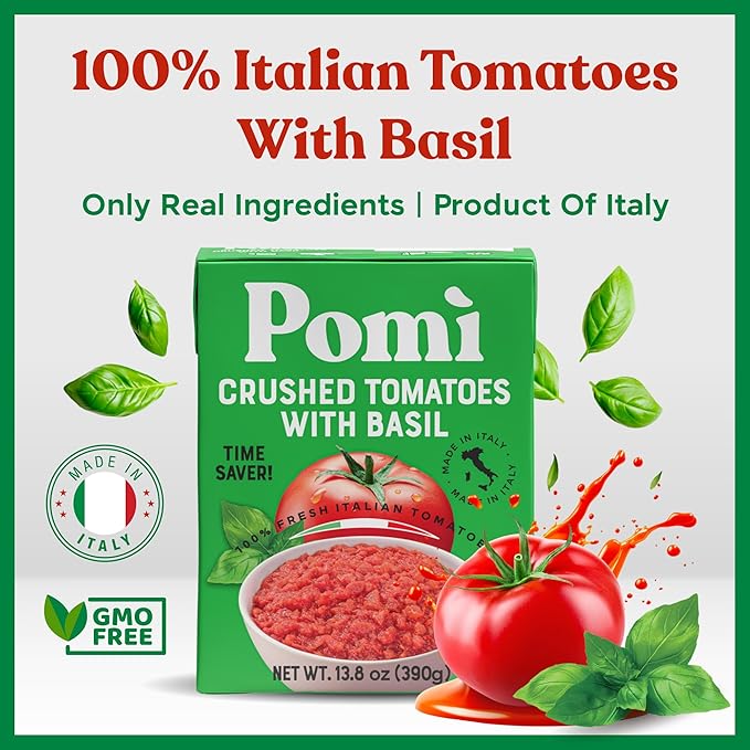 Pomì Crushed Tomatoes with Basil - Creamy, Velvety Italian Sauce, No Salt, Additives/Preservatives
