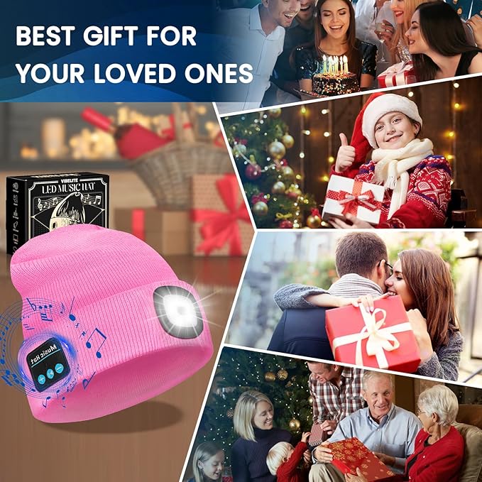 Bluetooth Beanie Hat with Light, USB Rechargeable LED Headlamp with Wireless Headphones, Gifts for