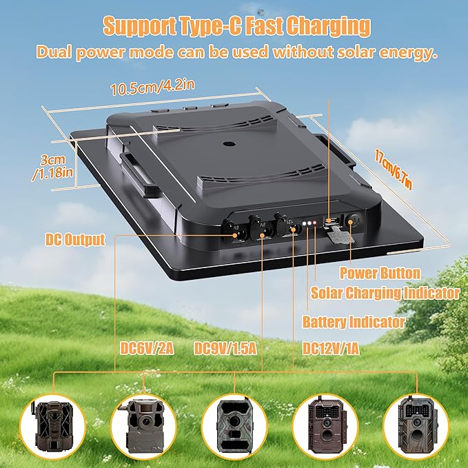Trail Camera Solar Panel,6W Solar Battery Charger Kit 6V/2A 9V/1.5A 12V/1A with 6000mAh Battery for