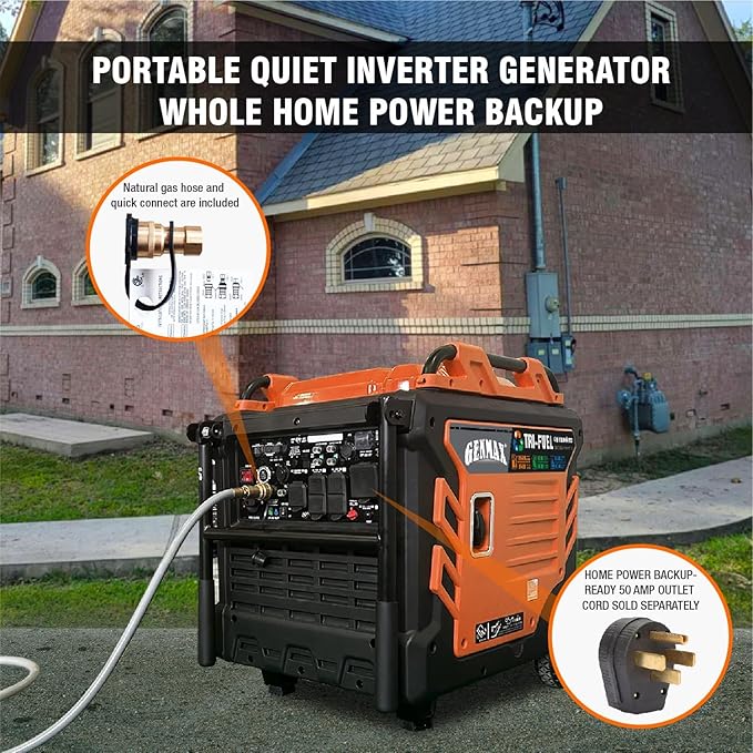 GENMAX Tri Fuel Generator,10500-Watt 458cc Tri Fuel Gasoline Propane Natural Gas Portable 50A