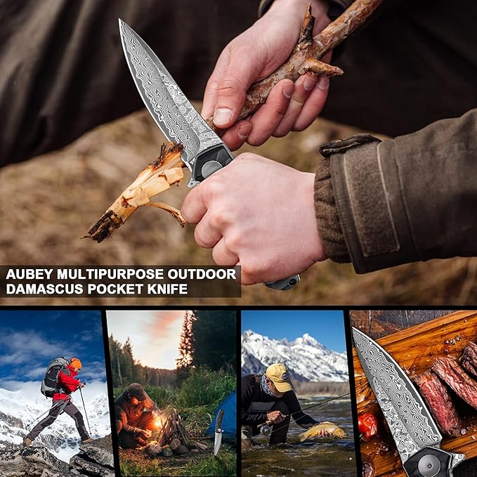 AUBEY Damascus Pocket Knife for Men with Clip EDC, 3.23" VG10 Core Damascus Steel Blade Folding