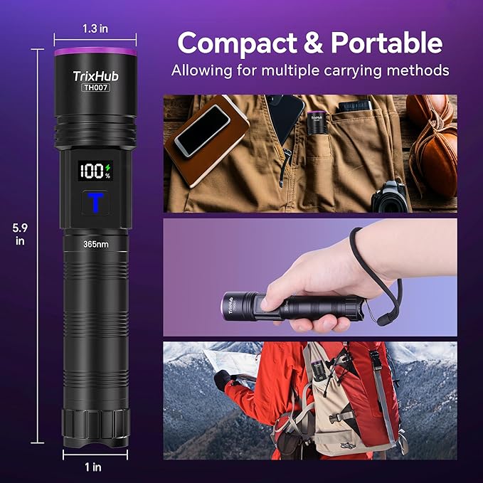 365nm Black Light Flashlight, UV Flashlight Rechargeable with LCD Display, Powerful Ultraviolet