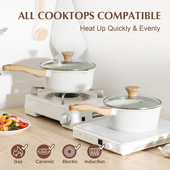 SENSARTE White Ceramic Nonstick Saucepan with Lid 2.5 Quarts, Medium Cooking Pot with Stay Cool