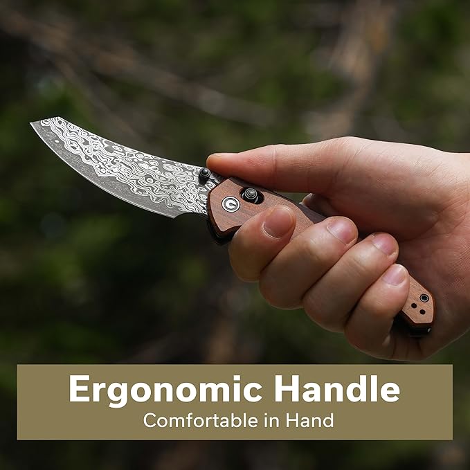 CIVIVI Sixgill Folding Pocket Knife for EDC, 3.41'' Damascus Blade Guibourtia Wood Handle, Deep