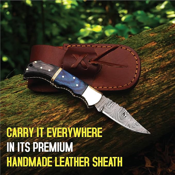 6.5 inch Damascus Pocket Knife with Sheath, Handmade Folding Pocket Knife for Men, Black-Red Wooden