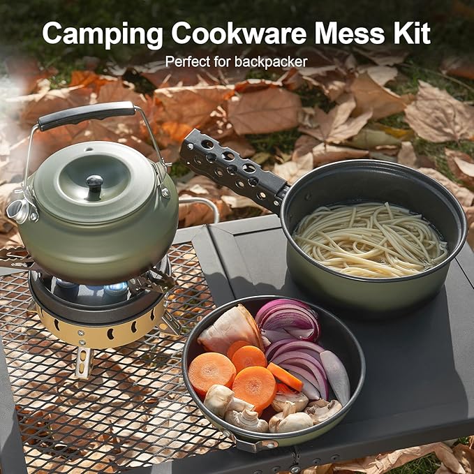Odoland 5pcs Camping Cookware Non-Stick Camping Pot and Pan Set with Kettle and Removable Handle
