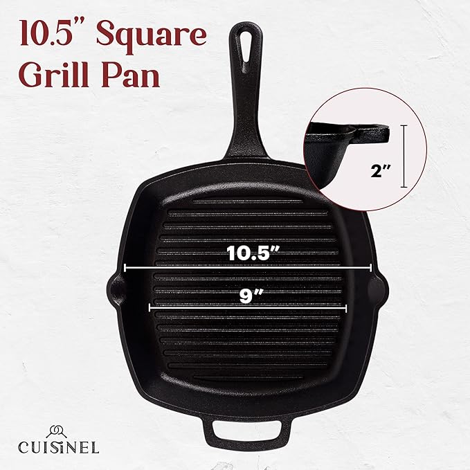Cuisinel Cast Iron Square Grill Pan + Glass Lid + Pan Scraper + Handle Cover - 10.5" Pre-Seasoned