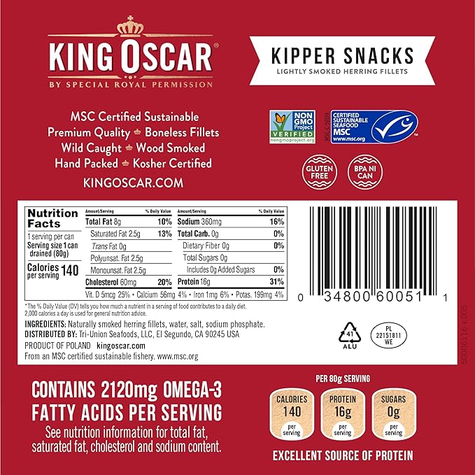 King Oscar Kipper Snacks, 3.54 Ounce Cans (Pack of 1), Lightly Smoked Herring Fillets, Wild Caught