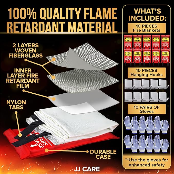 JJ CARE Fire Blanket ??10 Packs with Hooks and Gloves ??Emergency Fire Blanket for Home & Kitchen