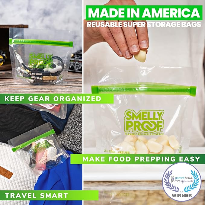 Smelly Proof 10 x Expandable Stand-Up & Fill REUSABLE Storage Bags for Food Designed & Mfg in US