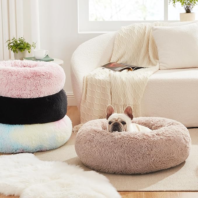 Love's cabin Calming Cat Bed for Indoor Cats,Anti-Anxiety Donut Round Dog Bed,Fluffy Faux Fur