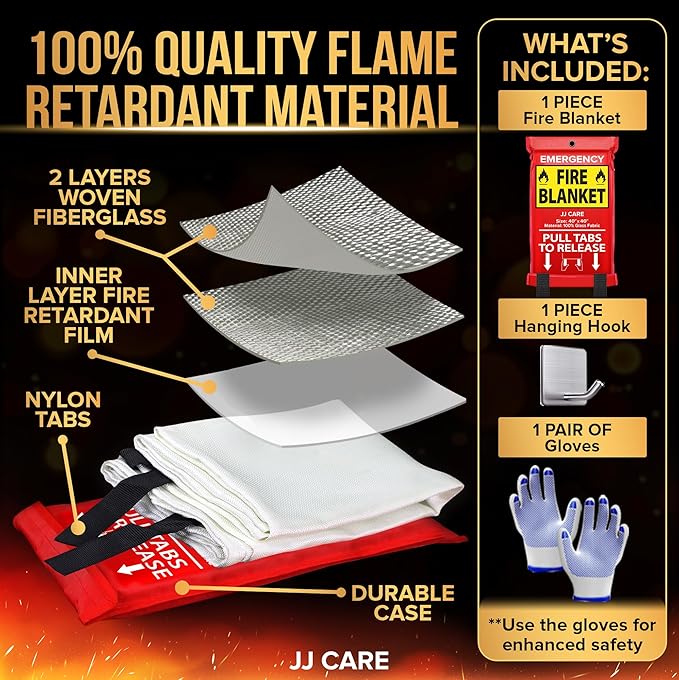 JJ CARE Fire Blanket ??(Large) 4.9x4.9ft with Hooks & Gloves, Fire Blankets Emergency for Home and