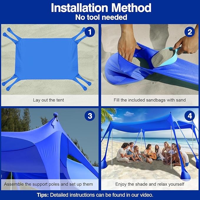 Rhino Valley Beach Tent Shade Canopy UPF50+ Protection, 8 Sandbags, 4 Stability Poles, Outdoor Sun