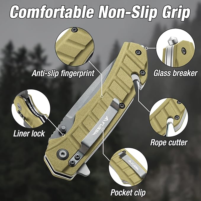 FLISSA Folding Pocket Knife, Tactical Knife with Liner Lock, Tanto Blade, Pocket Clip, Glass