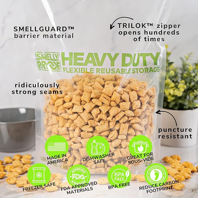 Smelly Proof HEAVY DUTY Reusable STAND-UP Bags for Food Storage, USA Made, NO PEVA & BPA FREE