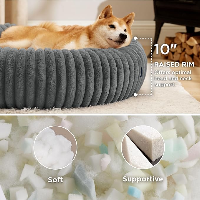 Bedsure Donut Large Dog Bed - Washable Faux Fur with Corduroy Fleece & Anti Slip Bottom, Round Pet
