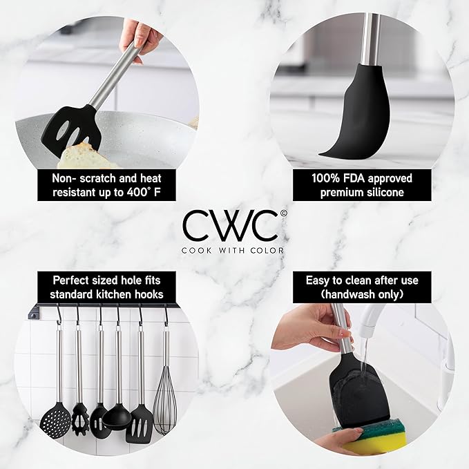 COOK WITH COLOR Silicone Cooking Utensils, Kitchen Utensil Set, Easy to Clean Silicone Kitchen