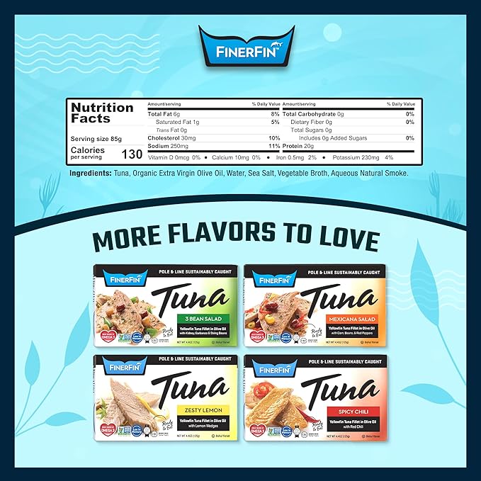 FinerFin Premium Smoked Yellowfin Tuna Fillets in Organic Extra Virgin Olive Oil, 4.4 oz (12 Pack)