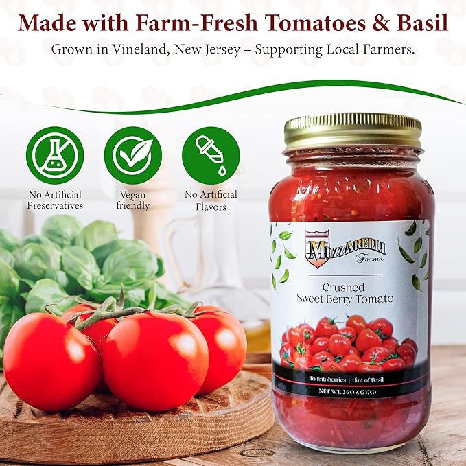Muzzarelli Farms Crushed Sweet Berry Tomato with Basil, 26 OZ, Quantity Discounts, Multi-Packs