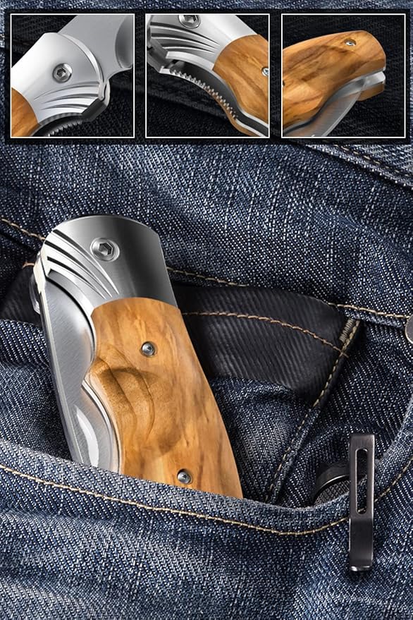 Grand Way Pocket Knife for Men with Wood Handle, Liner lock - Folding Sharp Blade 3.54" - Cool