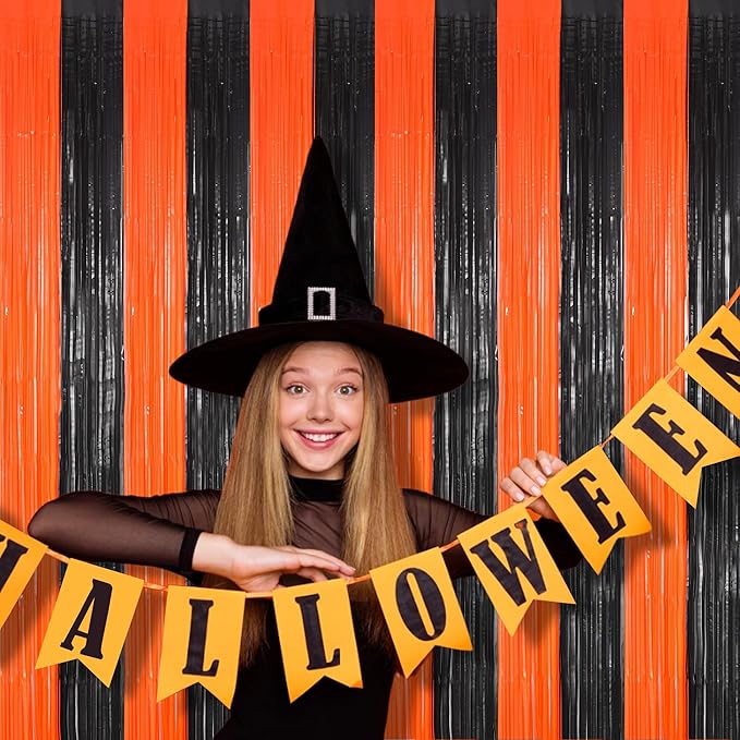 BRAVESHINE Tinsel Photo Backdrop Curtains - 2 Pack 3.2x8.2ft Black Orange Foil Fringe Streamer
