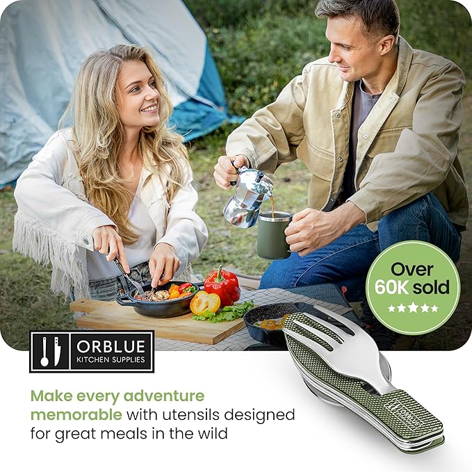 Orblue 4-in-1 Camping Utensils, 1-Pack, Portable Stainless Steel Spoon, Fork, Knife & Bottle Opener