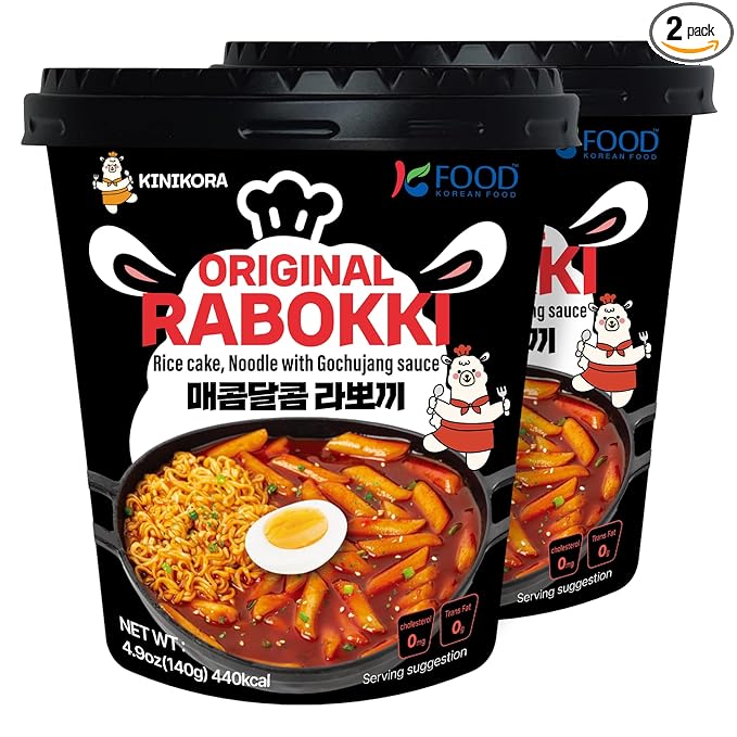 KINIKORA Premium Instant Rabokki Cup - Swicy Flavor, 2 Cups, Korean Ramen & Tteokbokki, Quick and