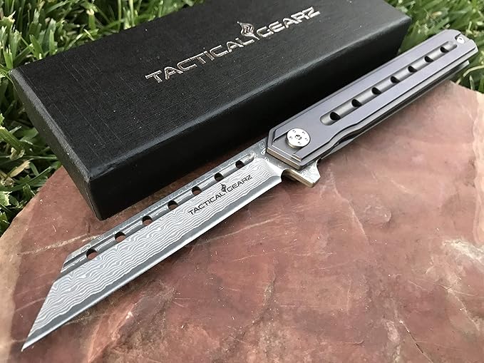 TACTICAL GEARZ Damascus Pocket Knife for EDC, Solid Titanium Handle, 67 Multi-Layered Damascus