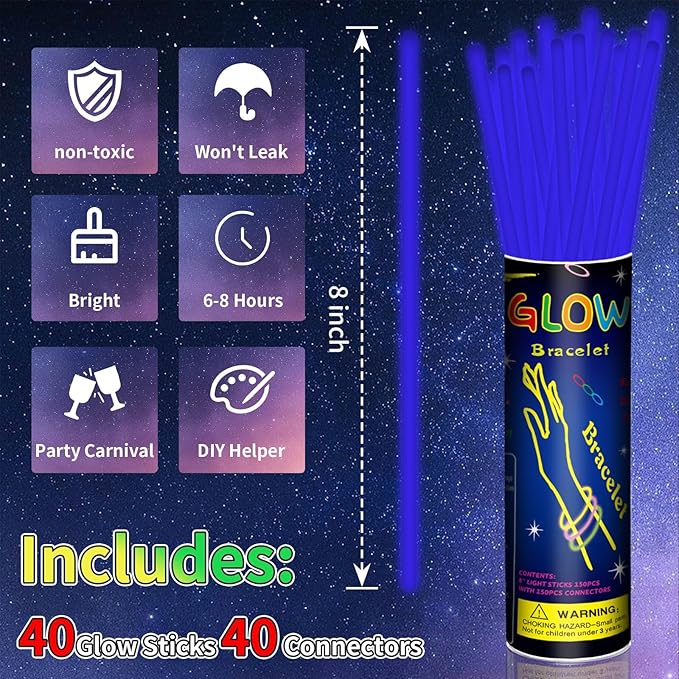 40 Pack 8??Blue Glow Sticks Bracelet Necklaces Bulk with 40 Connectors Neon Glow In The Dark Party