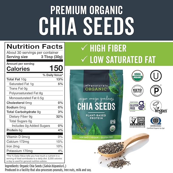 Viva Naturals Organic Chia Seeds, 2 lb (907 g) – Plant-Based Omega-3 and Vegan Protein, Gluten Free