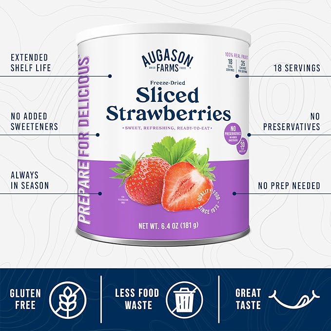 Augason Farms Freeze Dried Sliced Strawberries Can - Gluten Free Snack for Baking, Smoothies, and