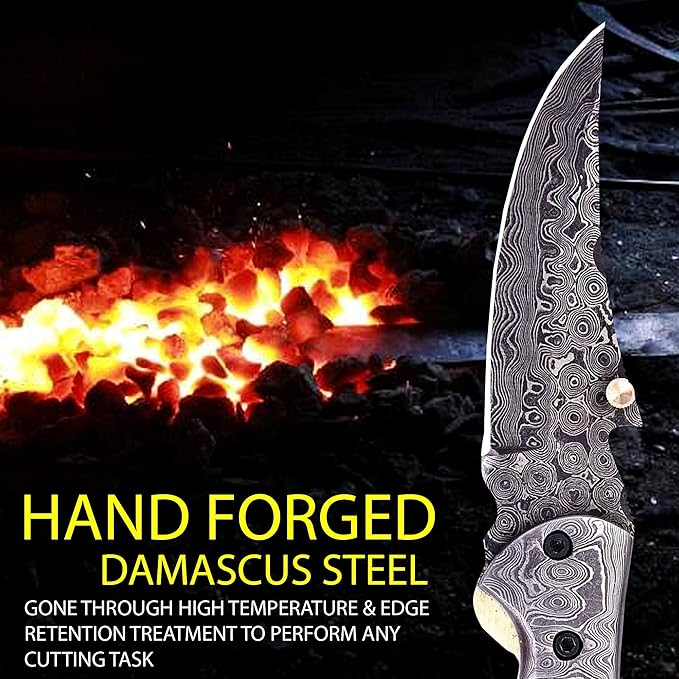 Handmade Damascus Folding Knife for Men with Burn Bone, 7.5 inch Pocket Knife with Sheath,Tactical