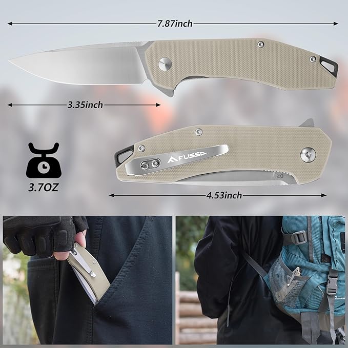 FLISSA Pocket Knife, Folding Tactical Knife with G10 Handle, D2 Blade, Liner Lock, Pocket Clip, EDC