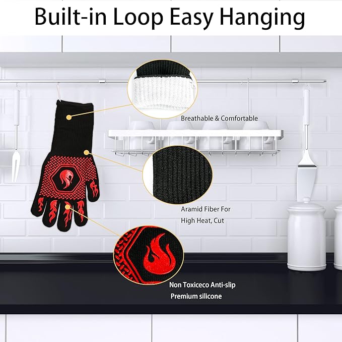 BBQ Fireproof Gloves, Grill Cut-Resistant Gloves 1472°F Heat Resistant Gloves, Non-Slip Silicone