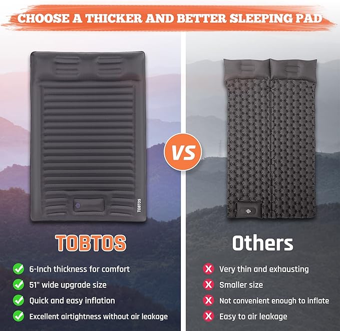 TOBTOS Double Sleeping Pad for Camping, Extra Thick 6" Camping Mattress 2 Person with Pillow