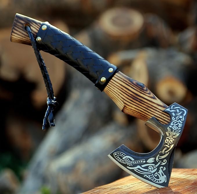 SHINY CRAFTS®- Hand-Forged Viking Axe for Men Leather-Wrapped Handle & Sheath Great for Birthdays