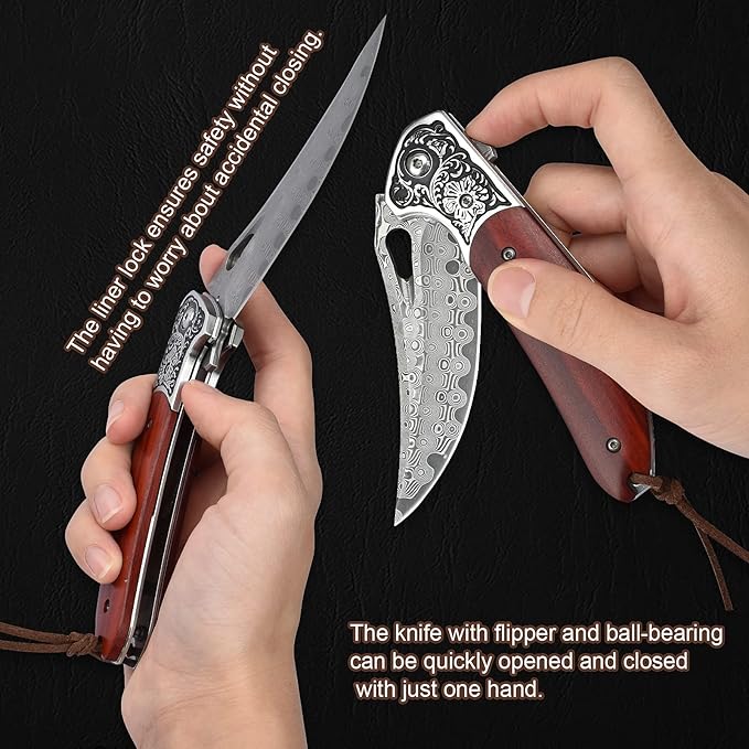 KOMWERO Damascus Pocket Knife for Men Women, Sharp VG10 Core Damascus Steel Knife for Outdoor