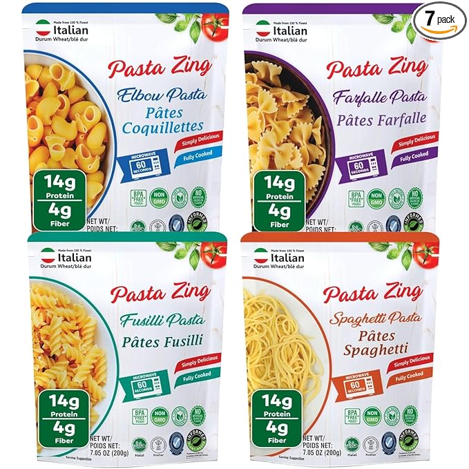 Pasta Zing Microwavable Variety Pasta Pack of 7 | 2x Elbow, 2x Farfalle, 2x Spaghetti, 1x Fusilli